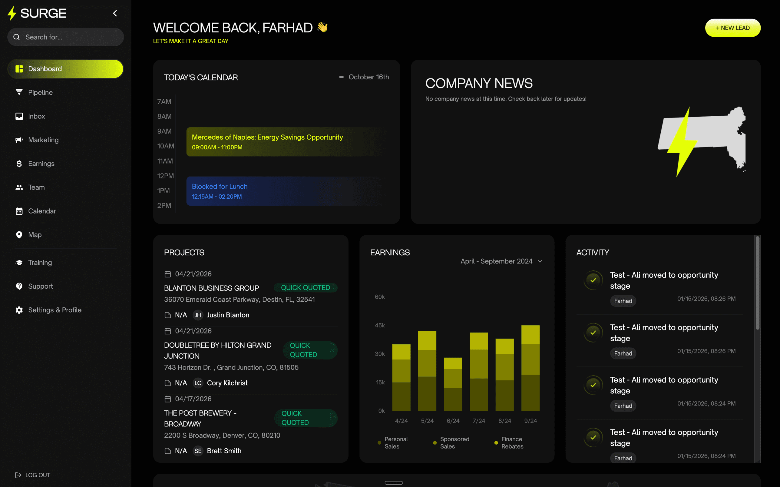 Surge CRM dashboard — pipeline, earnings and team activity